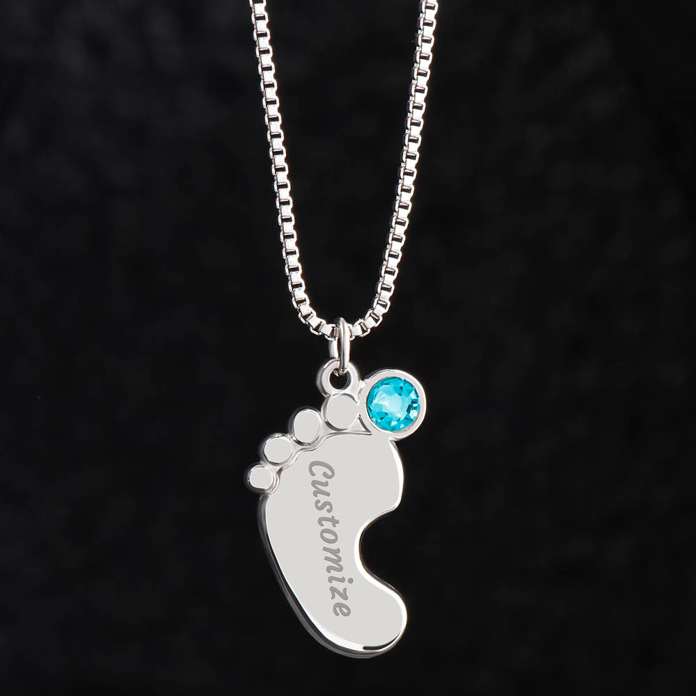 Engraved Baby Feet Birthstone Necklace