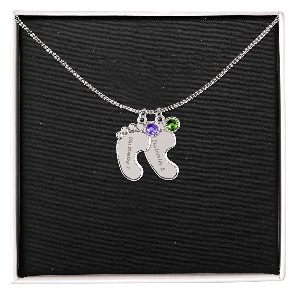 Engraved Baby Feet Birthstone Necklace