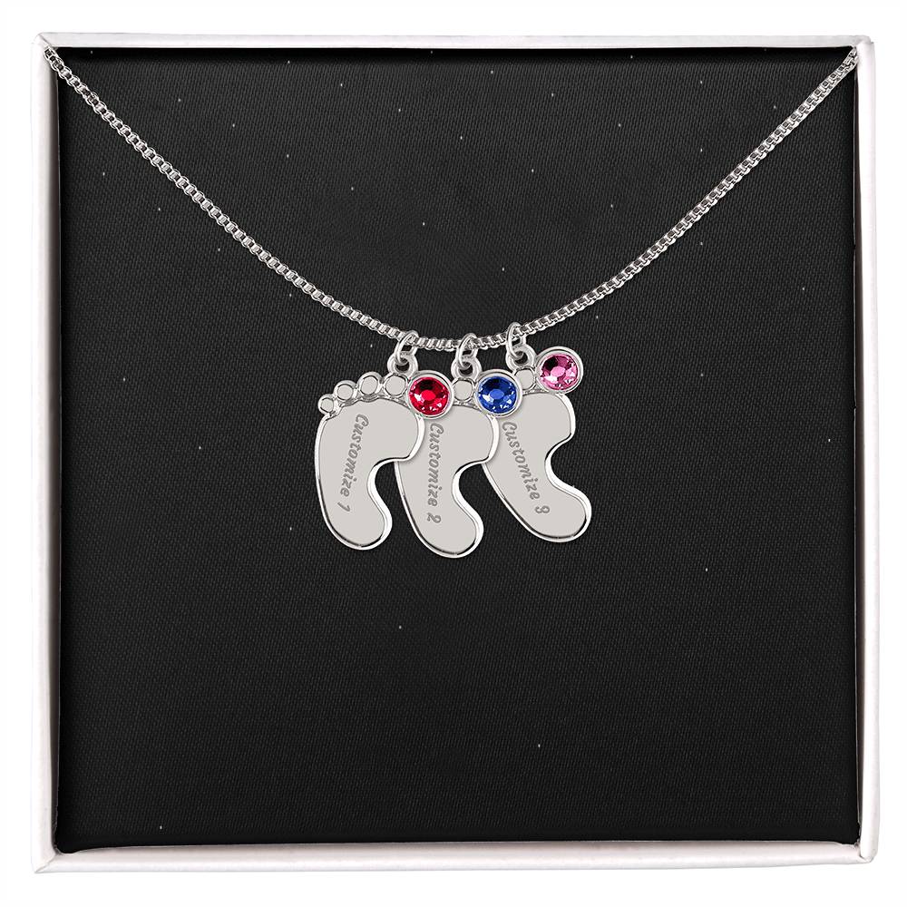 Engraved Baby Feet Birthstone Necklace