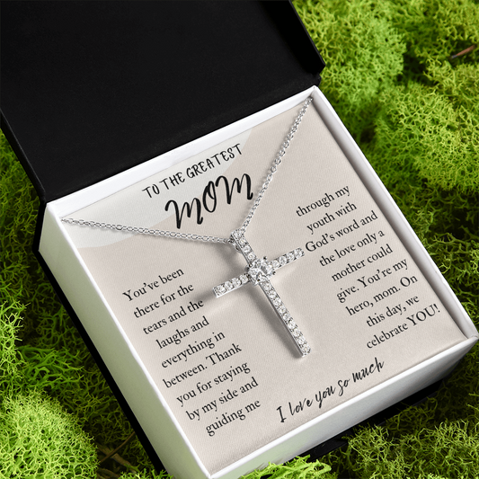 To The Greatest Mom CZ Cross Necklace