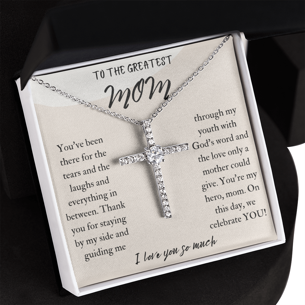 To The Greatest Mom CZ Cross Necklace