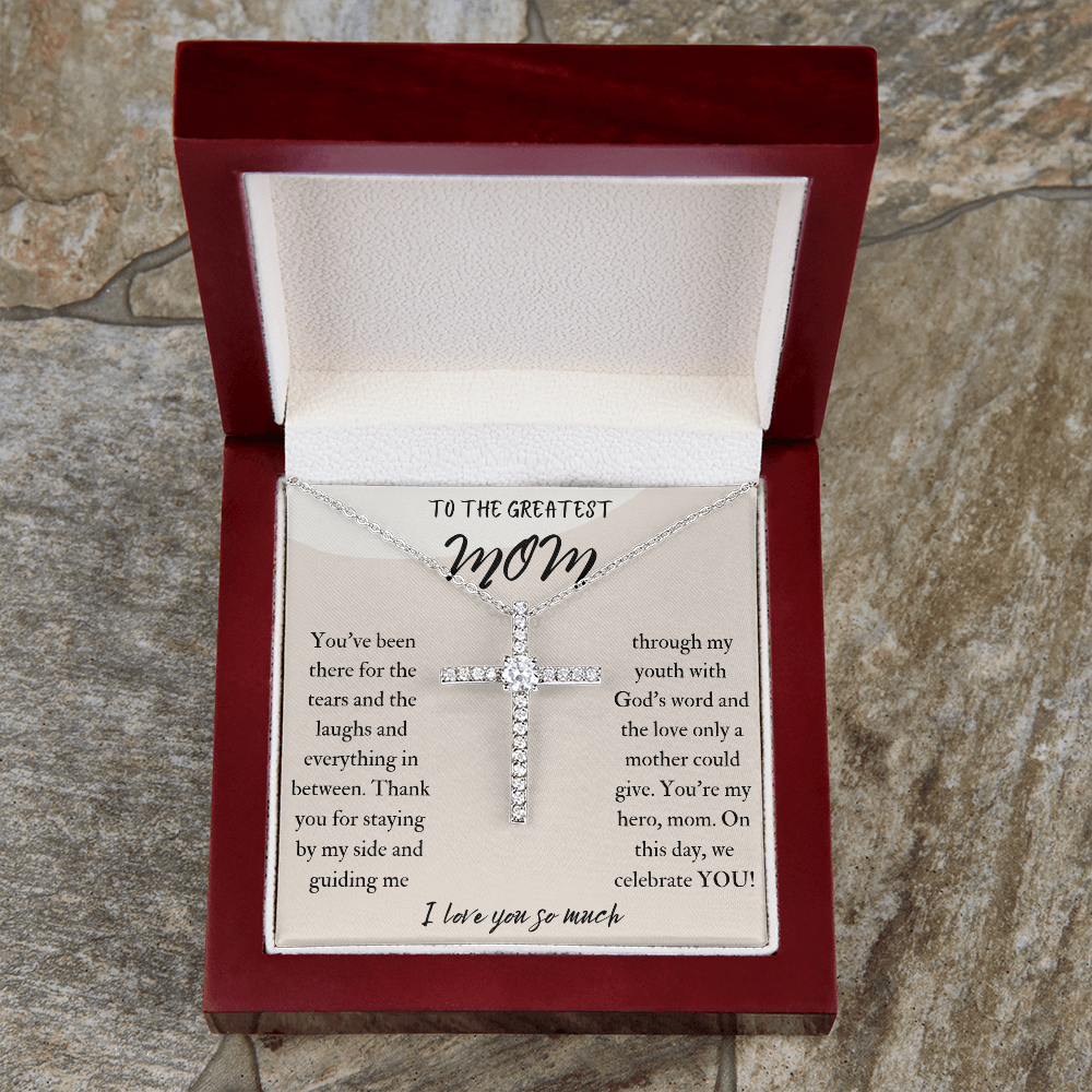 To The Greatest Mom CZ Cross Necklace