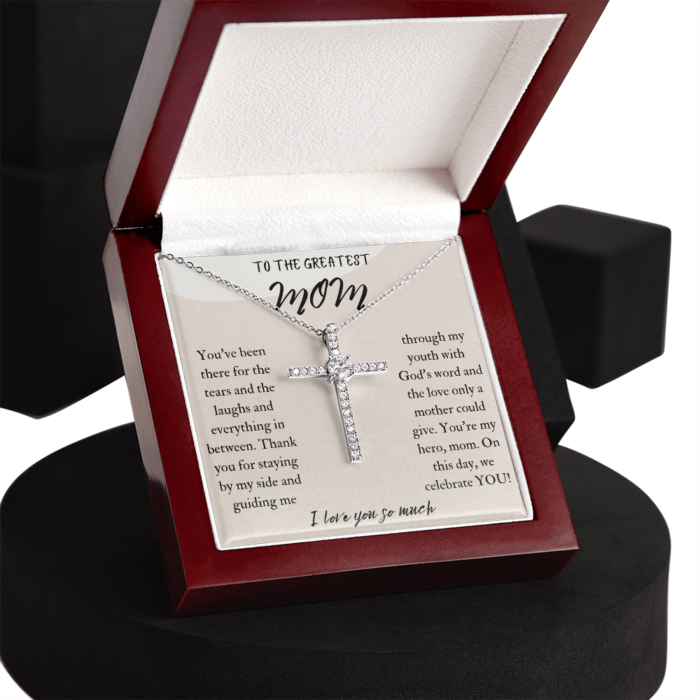 To The Greatest Mom CZ Cross Necklace