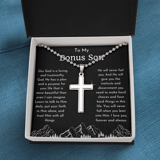 To My Bonus Son Religious Ball Chain Cross Necklace