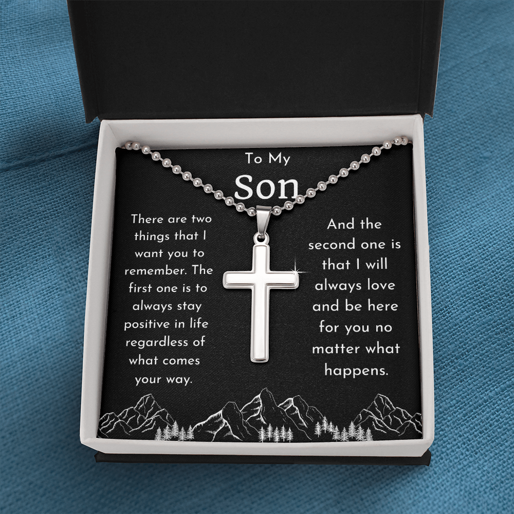 To My Son Cross Ball Chain Necklace with Mountains