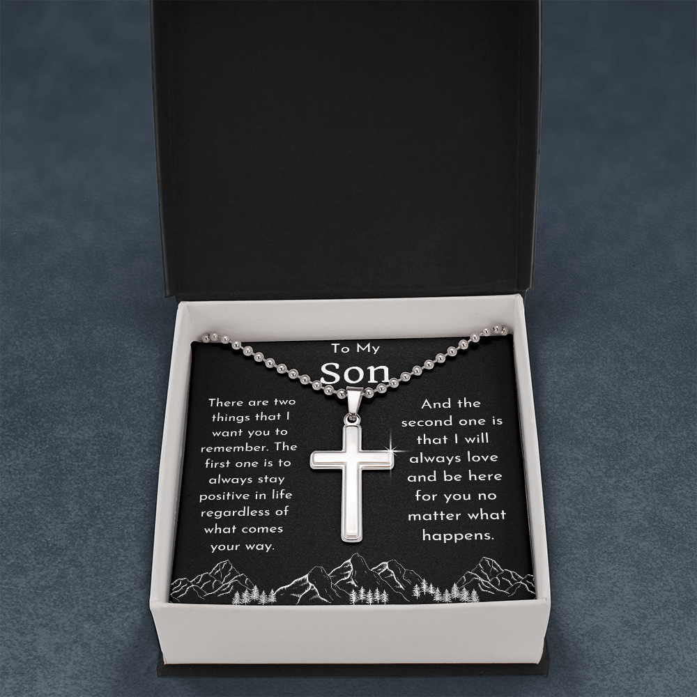 To My Son Cross Ball Chain Necklace with Mountains