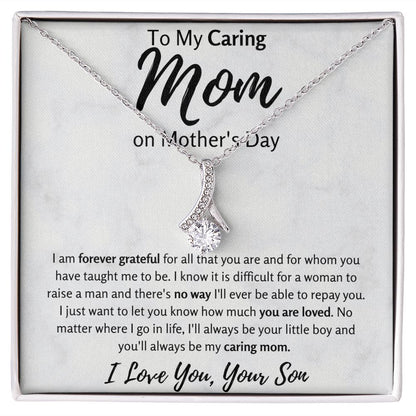 To My Caring Mom on Mother's Day Ribbon Necklace