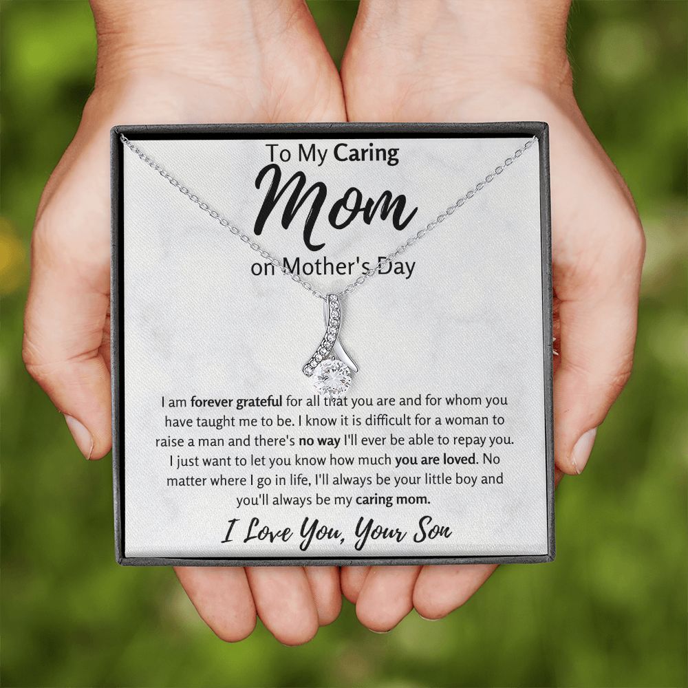 To My Caring Mom on Mother's Day Ribbon Necklace