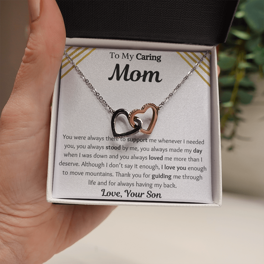 To My Caring Mom From Son Interlocking Hearts Necklace