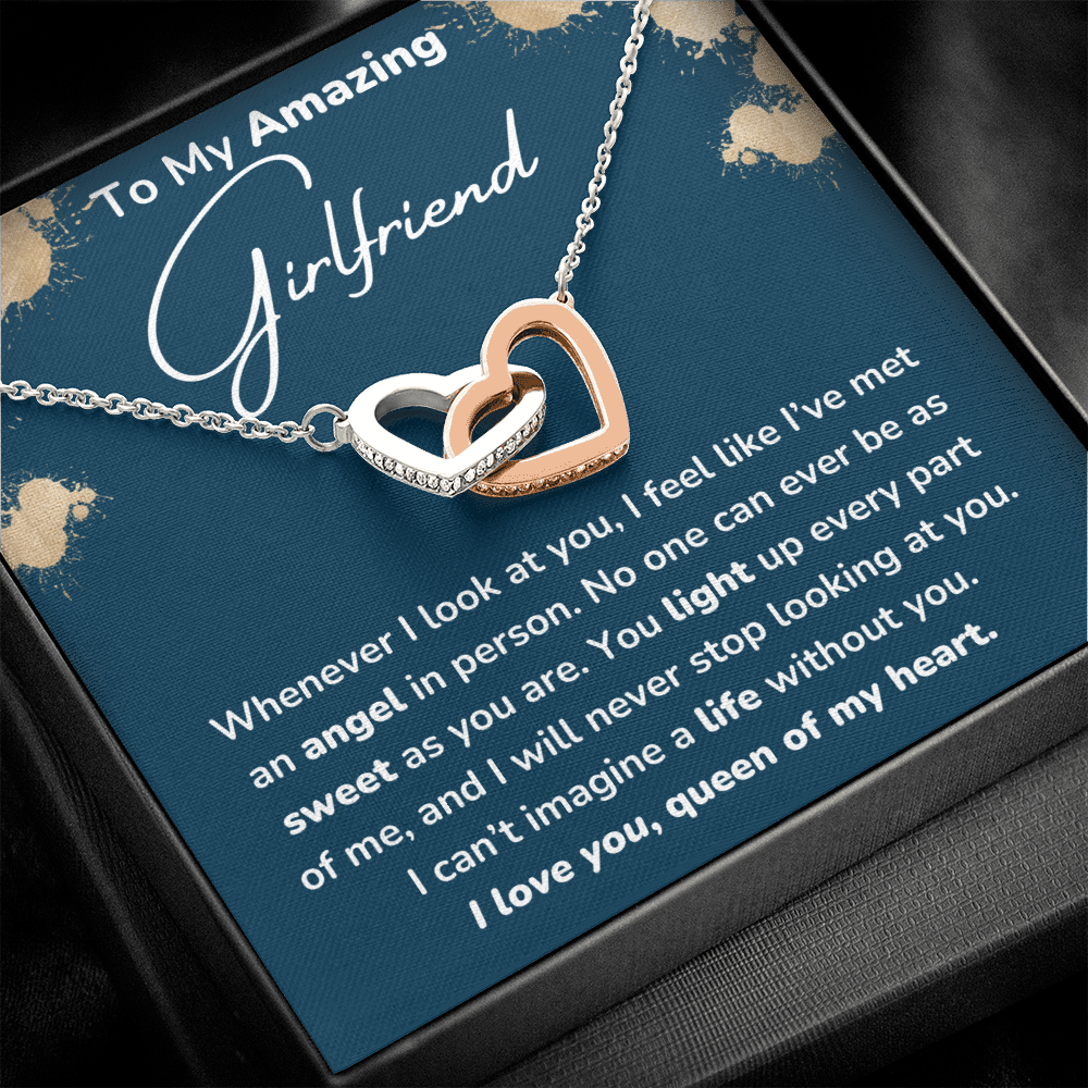 To My Amazing Girlfriend Queen of My Heart Interlocking Hearts Necklace