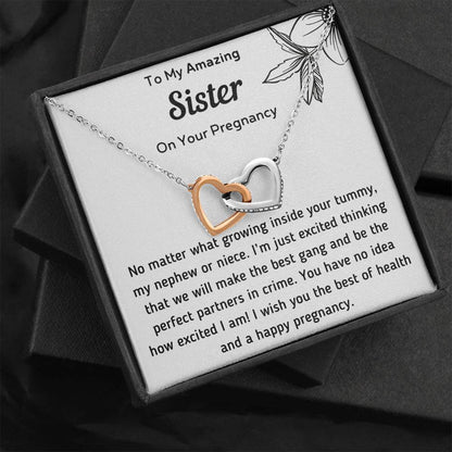 To My Amazing Sister on Your Pregnancy Interlocking Hearts Necklace