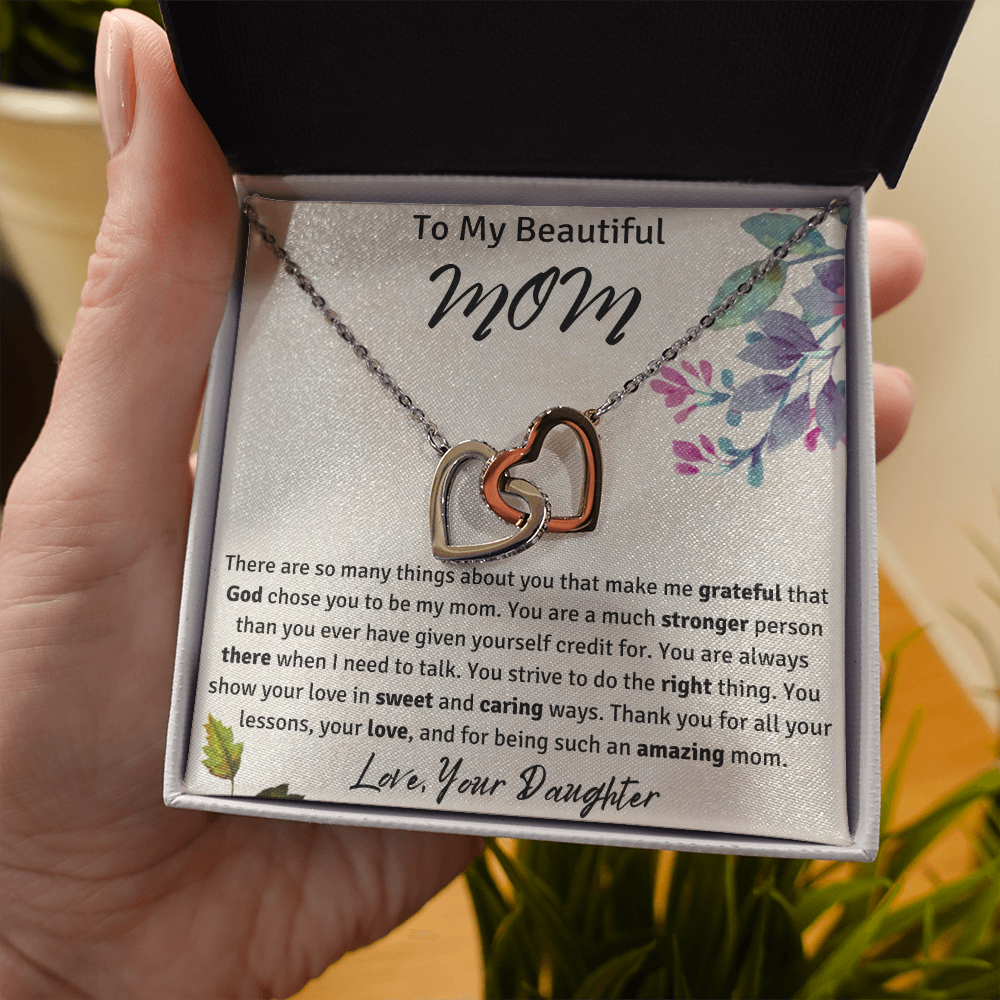 To My Beautiful Mom from Your Daughter Interlocking Hearts Necklace