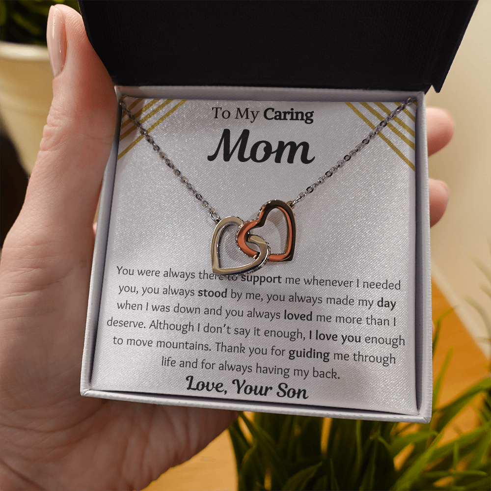 To My Caring Mom From Son Interlocking Hearts Necklace