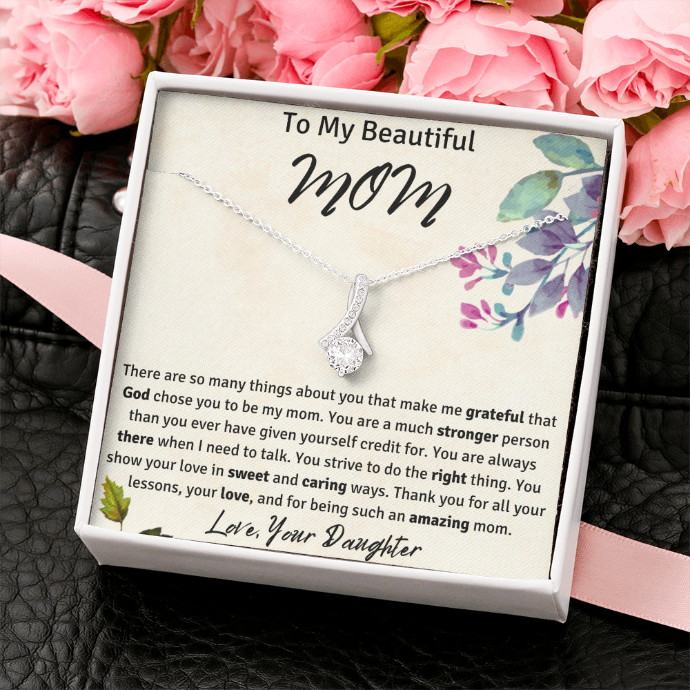 To My Beautiful Mom from Your Daughter Ribbon Necklace