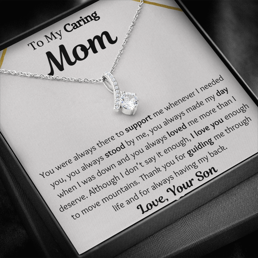 To My Caring Mom From Son Petite Ribbon Necklace