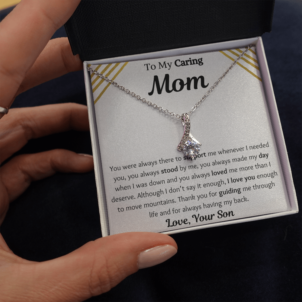 To My Caring Mom From Son Petite Ribbon Necklace