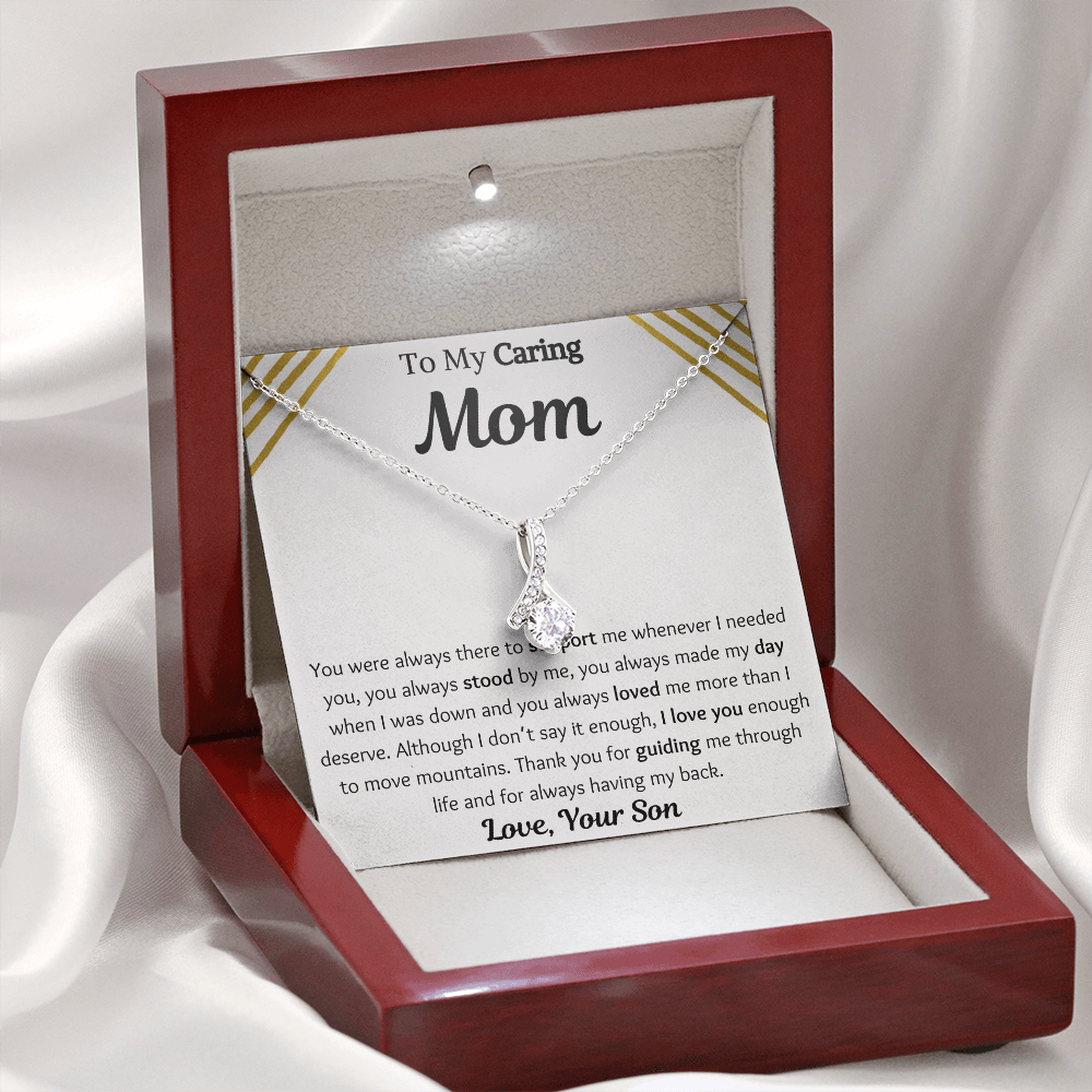 To My Caring Mom From Son Petite Ribbon Necklace