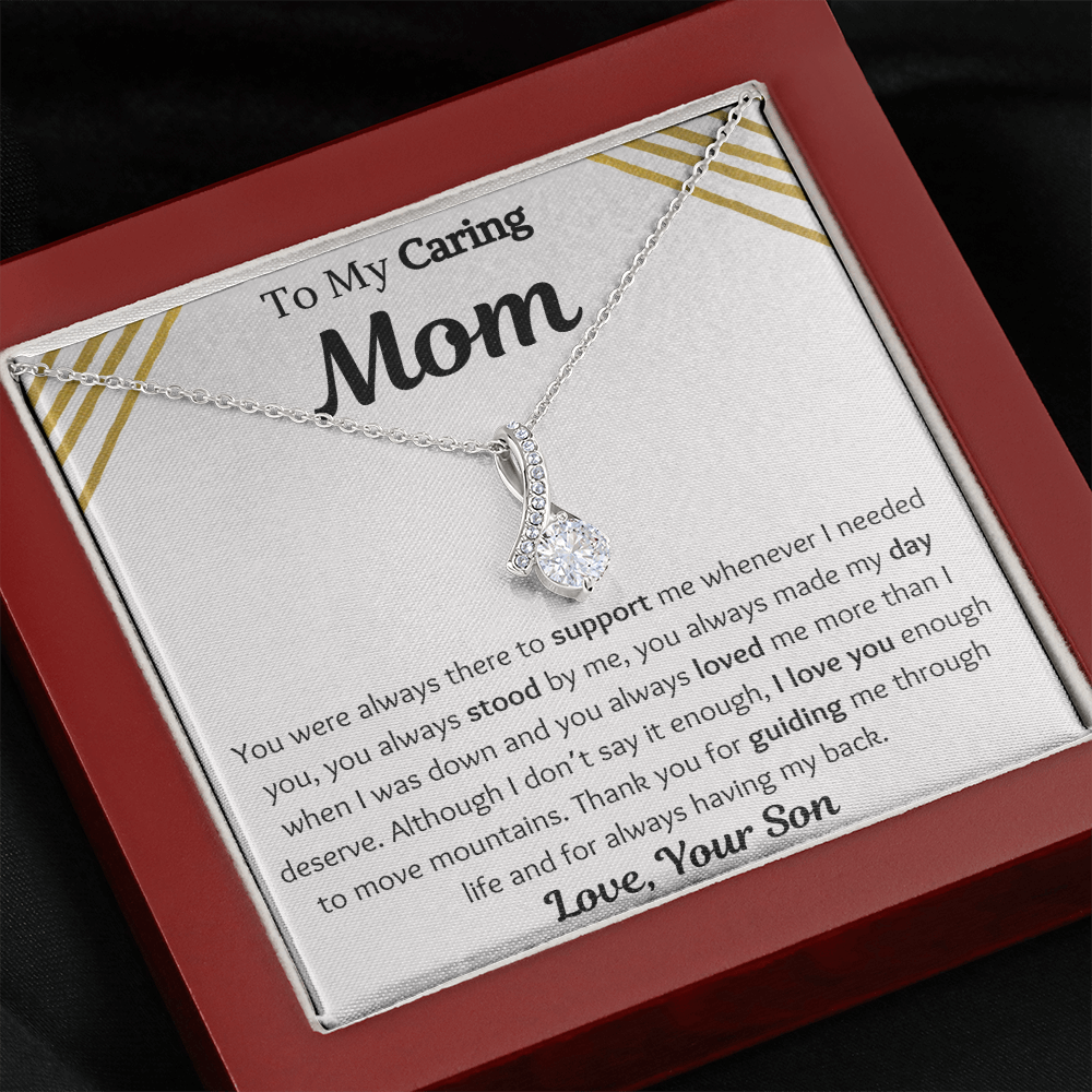 To My Caring Mom From Son Petite Ribbon Necklace