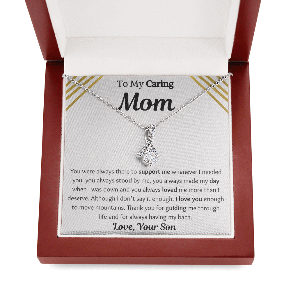 To My Caring Mom From Son Petite Ribbon Necklace