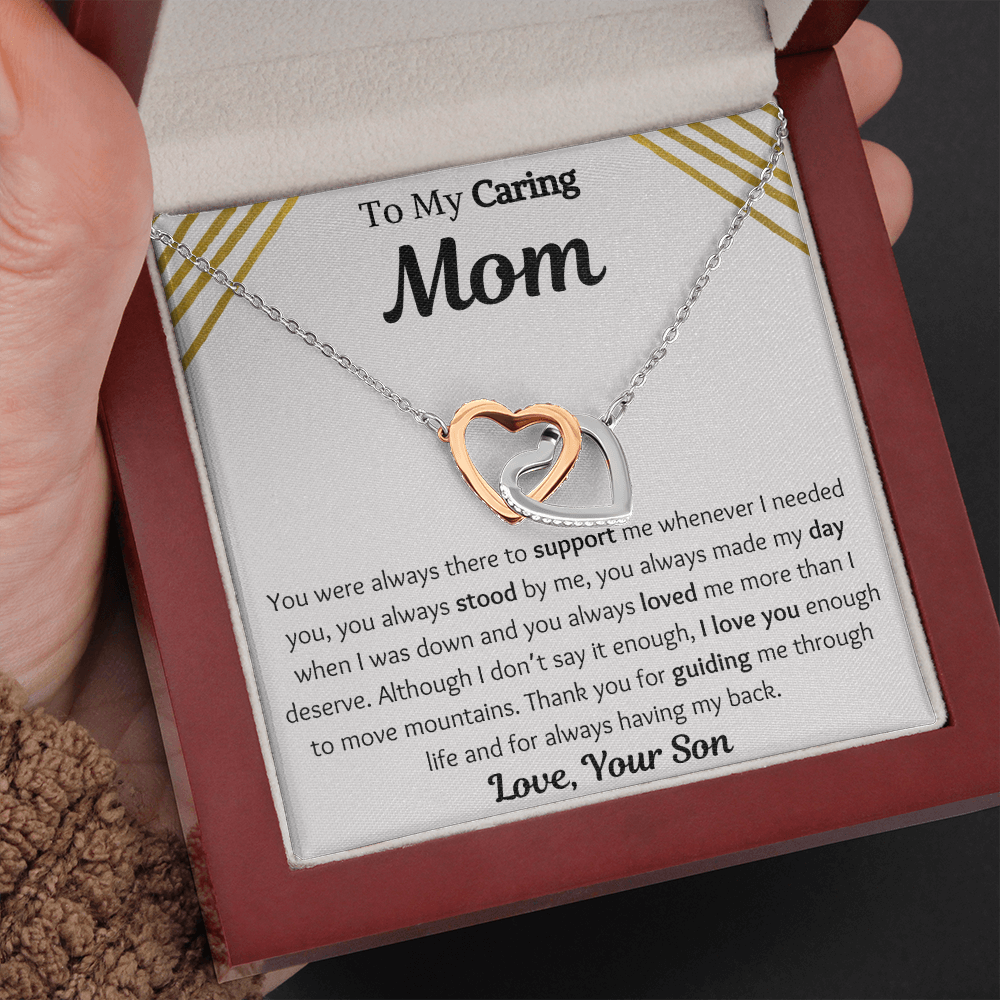 To My Caring Mom From Son Interlocking Hearts Necklace