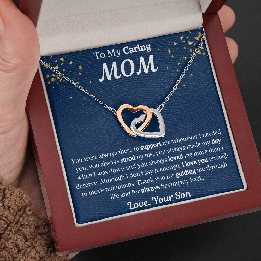 To My Caring Mom Interlocking Hearts Necklace from Son