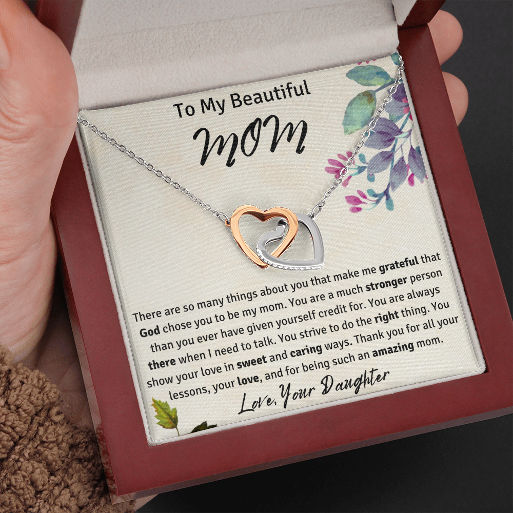 To My Beautiful Mom from Your Daughter Interlocking Hearts Necklace